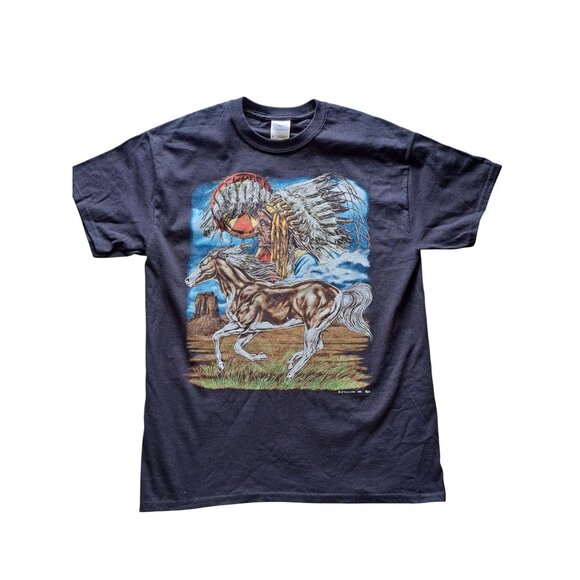 Native American Horse Graphic Black T-Shirt M Gildan Cotton 1990s Vintage Unisex - Picture 1 of 9